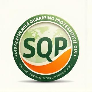 지속가능 채석 전문가 (SQP) 인증 배지. 나뭇잎과 광물 결정이 조화롭게 어우러진 디자인